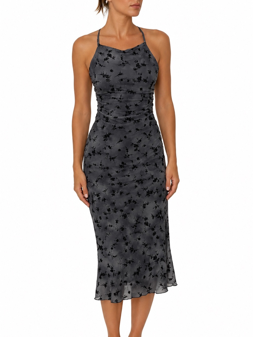 Wild Fable Sleek Floral Slip Midi Dress in Charcoal